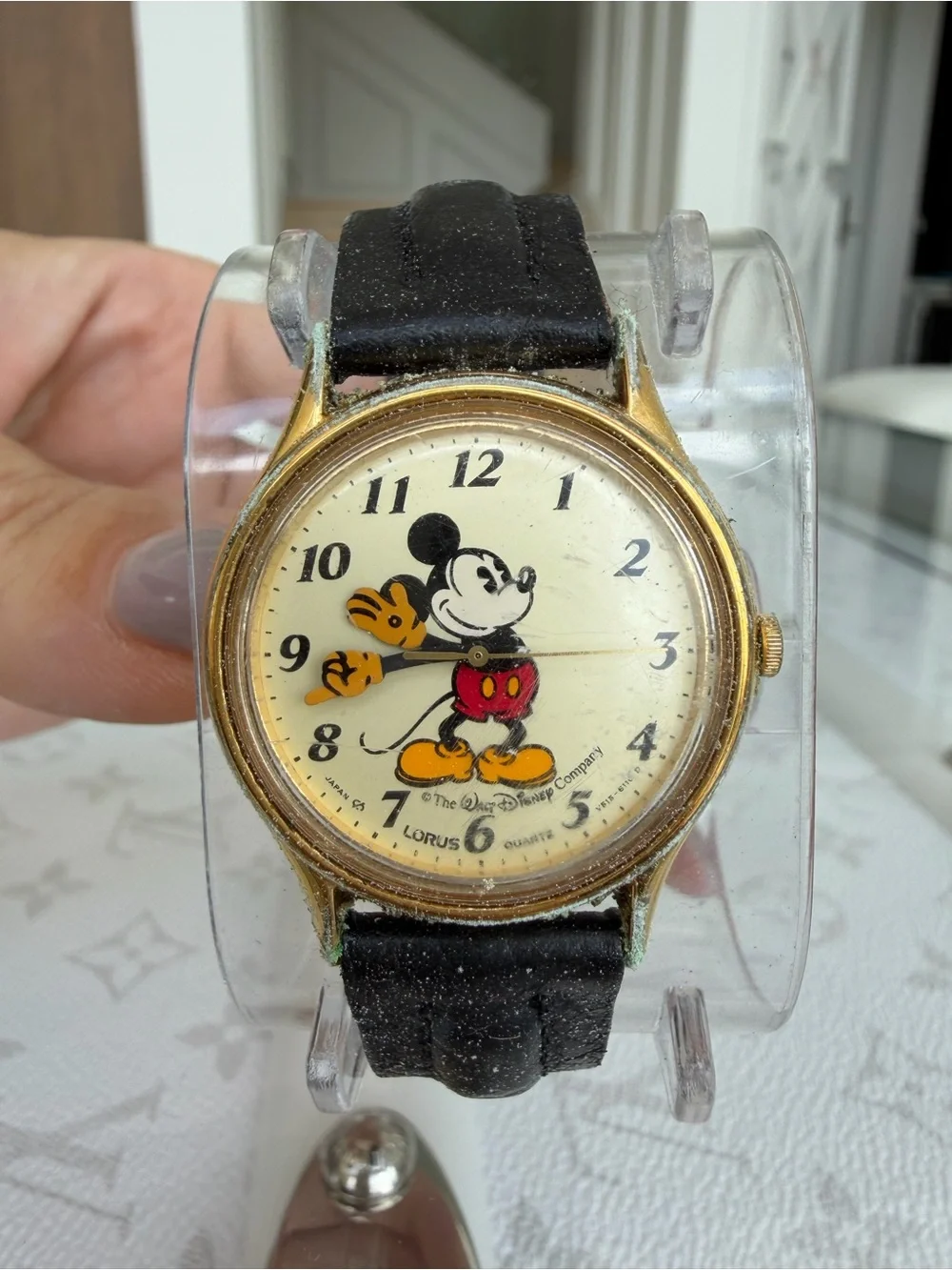 Vintage Mickey Mouse Lorus Watch with Black Leather Strap
